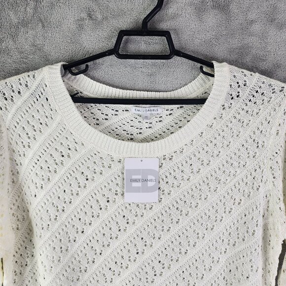 Womens Ivory White Emily Daniels Open-Knit Sweater 3/4 Sleeve Round Neck Size XL - Picture 4 of 13